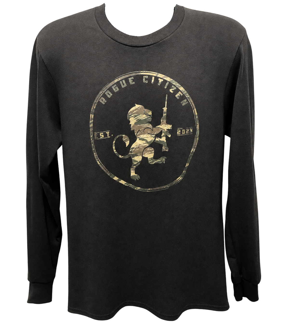 A black long-sleeve t-shirt with a distressed graphic on the chest featuring a lion holding a rifle inside a circular emblem with the text 'ROGUE CITIZEN' and 'EST. 2023'.