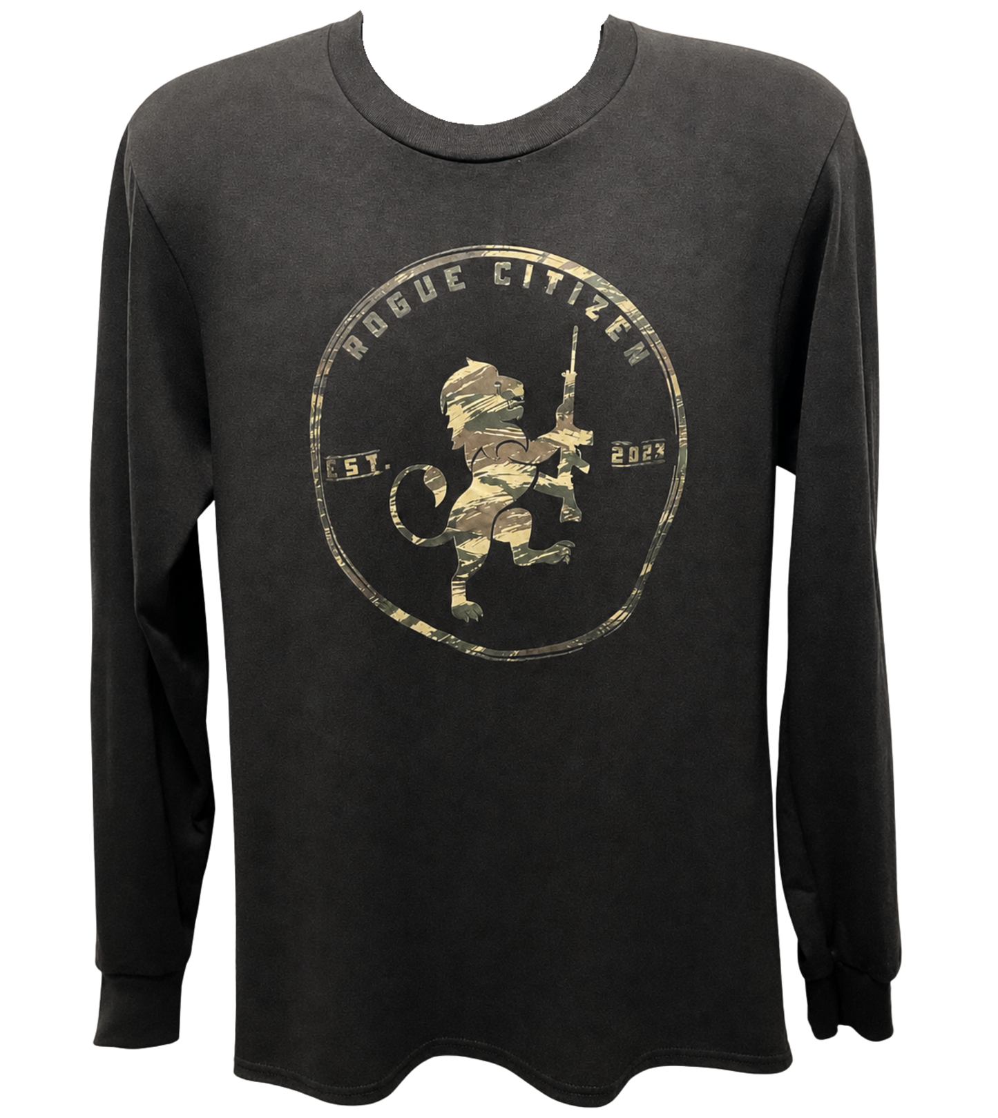 A black long-sleeve t-shirt with a distressed graphic on the chest featuring a lion holding a rifle inside a circular emblem with the text 'ROGUE CITIZEN' and 'EST. 2023'.