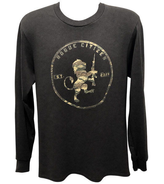 A black long-sleeve t-shirt with a distressed graphic on the chest featuring a lion holding a rifle inside a circular emblem with the text 'ROGUE CITIZEN' and 'EST. 2023'.